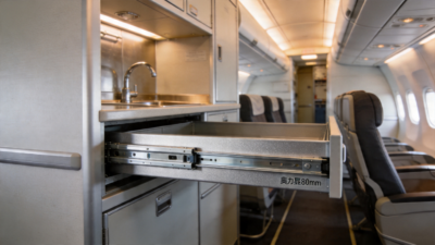 Modern airliner cabin interior with galley drawer and under-seat storage on AOLISHENG slides