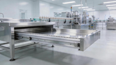 Clean modern food processing workshop with a heavy-duty stainless steel storage rack on AOLISHENG 76mm stainless steel slides