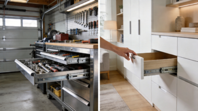 Minimalist split scene: tidy home garage and workshop with metal tool cabinet on AOLISHENG 76mm heavy-duty slides