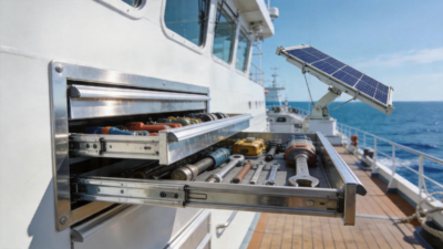 Ocean-going vessel deck with AOLISHENG 76mm wide stainless steel heavy-duty slides on marine storage units