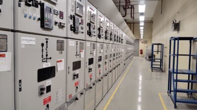 Industrial control cabinet with heavy full-extension drawer open on slides